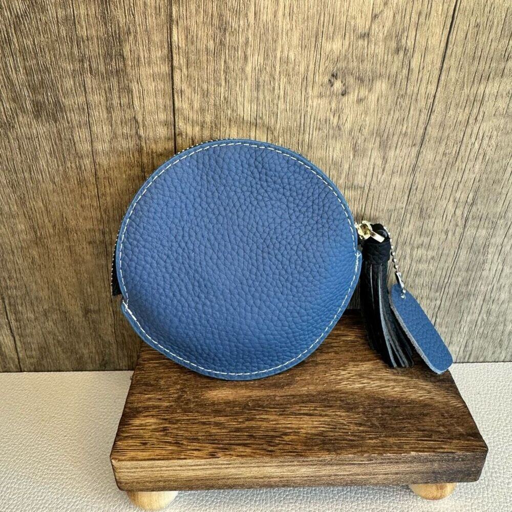 4 inch Round Blue Coin Purse Leather Wallet Key Holder Purse Charm New FAST SHIP